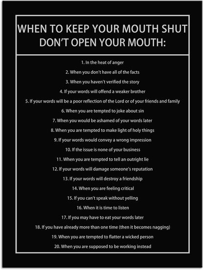 When to Keep Your Mouth Shut Don't Open Your Mouth Inspirational Canvas Wall Art Motivational Poster Life Learning Quote Picture Home Office Decor Painting Framed and Stretched[30''W x 40''H]
