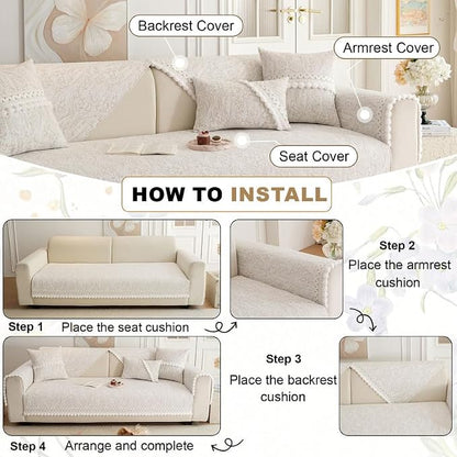 HANDONTIME Chenille Pet Couch Cover Floral Pattern – Soft Fringed Edges, Non-Slip Washable Sofa Slipcover, Jacquard Sofa Cushion Cover, Protects Furniture from Dogs, Cats & Kids (Khaki,35.4" x 94.5")
