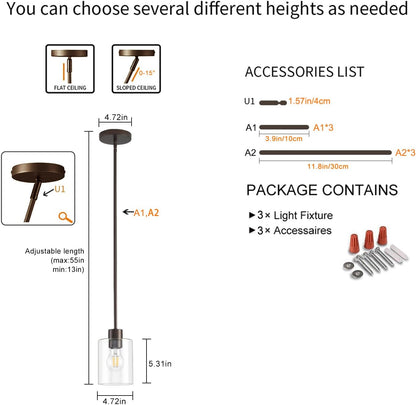 Oil Rubbed Bronze Pendant Lights Kitchen Island - Clear Glass Pendant Light Fixture Multiple Stems Rods 3 Units 12 Inch 3 Units 4 Inch (3 Pack Oil Rubbed Bronze Downrod)