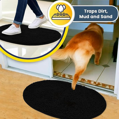 Muddy Mat® Shown on TV – Super Absorbent Microfiber Dog Door Mat for Muddy Paws, Non-Slip Washable Pet Rug, Quick Dry Chenille Entryway Carpet,Machine Washable Indoor Outdoor Mat, Black Oval 3ft x 5ft