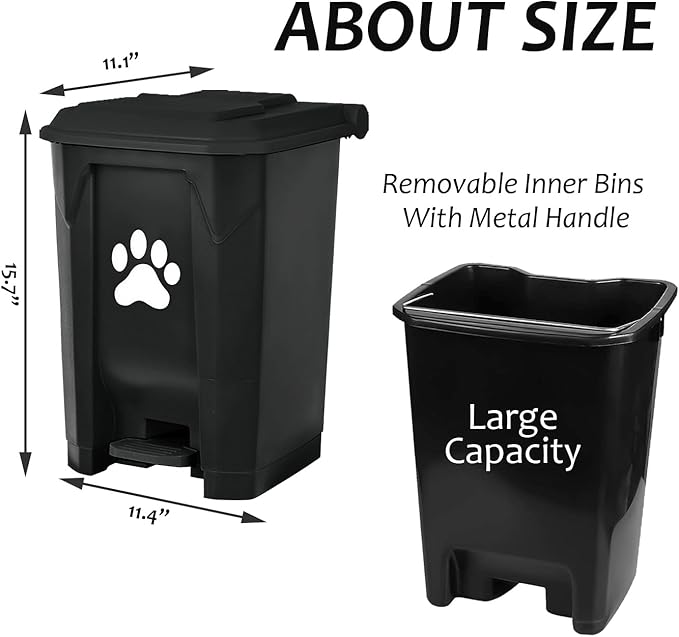 tebiete Dog Poop Trash Can Outdoors Pet Waste Station with Lid Dog Waste Disposal Container with Removable Inner Bin Bucket Hands-Free Pedal Garden Yard Home with Waste Bags, Black