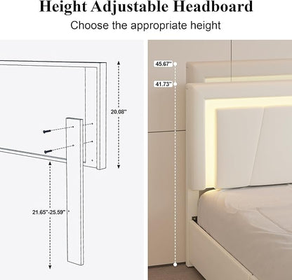 Queen Size Bed Frame with 4 Storage Drawers and LED Lights, Upholstered Platform Bed with Adjustable Headboard and Charging Station, Metal Slats Support, No Box Spring Needed,Easy Assembly, White