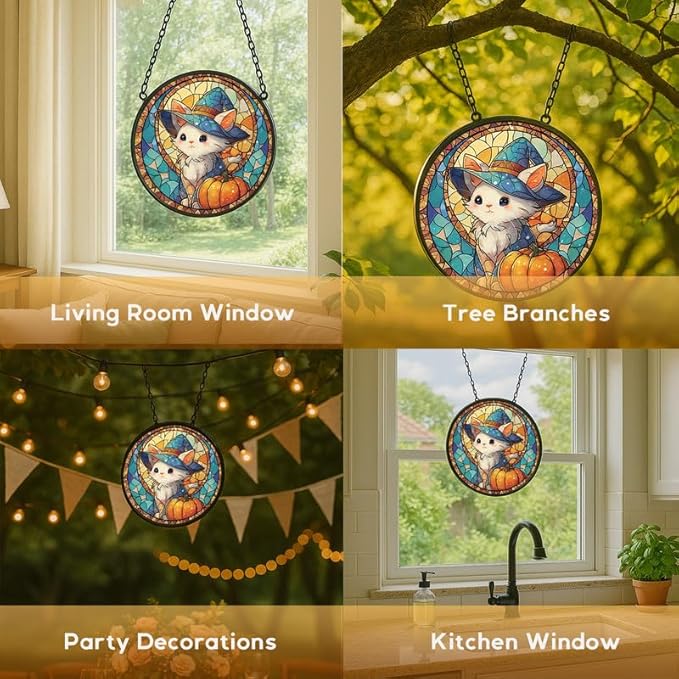 Stained Glass Window Hanging， Cat Tree Moon 6.3in Sun Catchers Indoor Window， Core Decor Inside and Outside The Cottage， Gifts for Women， Black Cat Silhouette Autumn Tree Decor