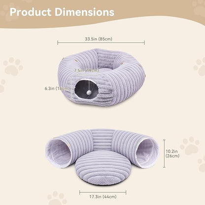 Dogpals Cat Tunnel Bed Cave 33" Lx10 Wx10 H for Indoor Cats(Grey) | Washable Cozy Cushion, Soft Striped Plush Fabric, Hideaway Peekaboo Cave for Kittens, Puppies, Rabbits & Small Pets