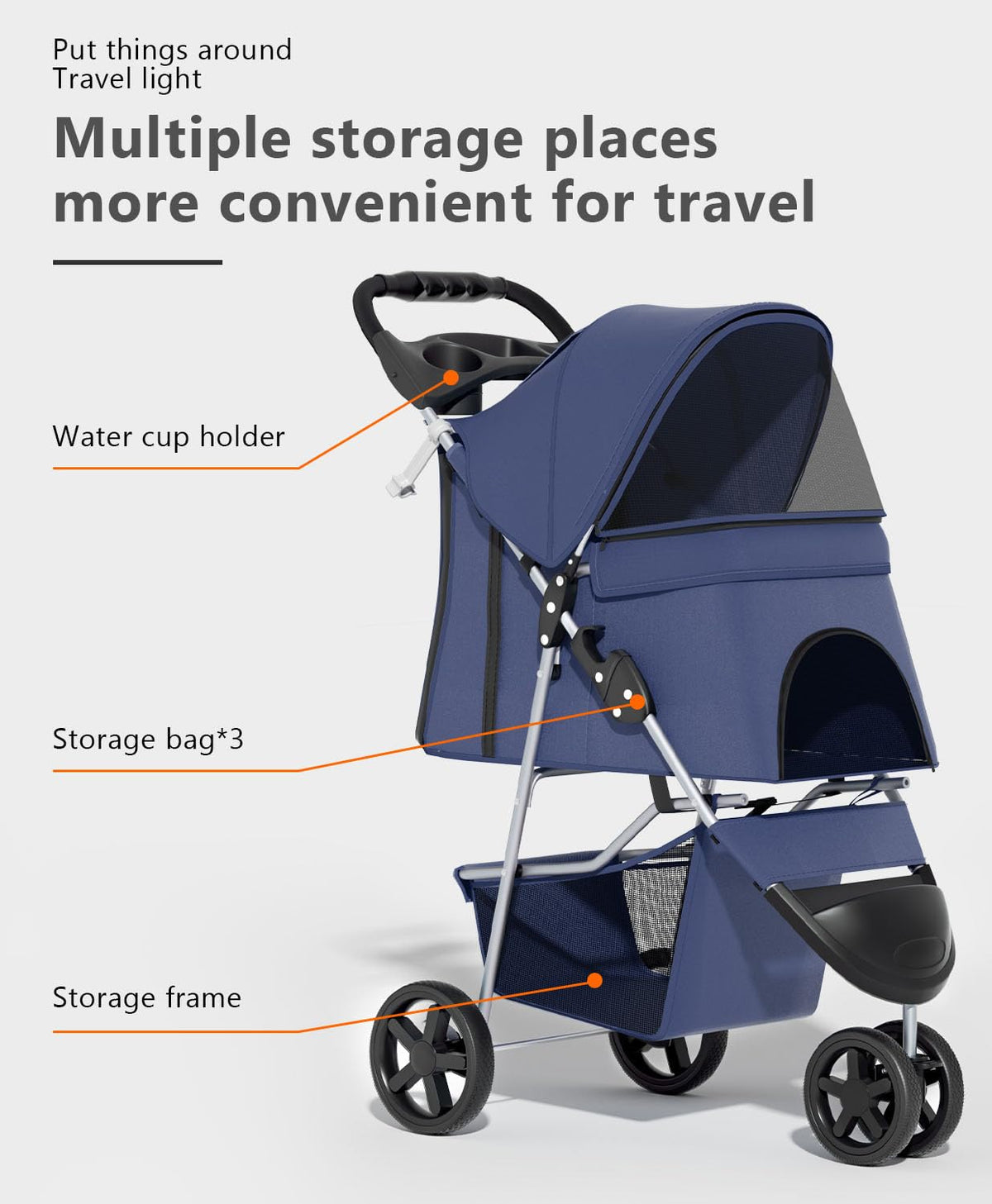 Pet Stroller with 3 Wheels for Small/Medium Pets, Portable Travel Foldable Carrier Jogger for Dog Cat Puppy Kitty, Rear Wheel Breaks, Storage Basket, Visible Mesh Weather Cover (Navy Blue)