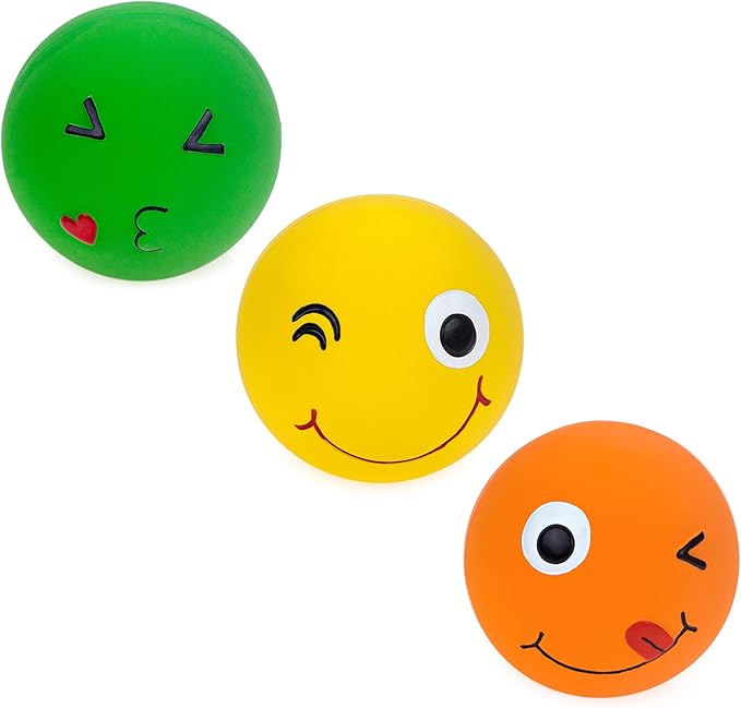 CHIWAVA 3 Pack 2.7'' Latex Squeaky Dog Toy Ball Smiley Face Round Balls Interactive Fetch Play for Medium Dogs