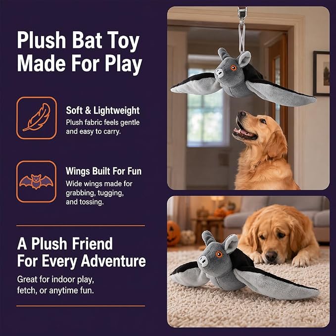 Flying Bat Dog Toy, Flapping Bat Dog Toy with Chirping Sounds, Interactive Rechargeable Flap Bat Toy for Dogs Cats, Hanging & Wand Play, 2PCS