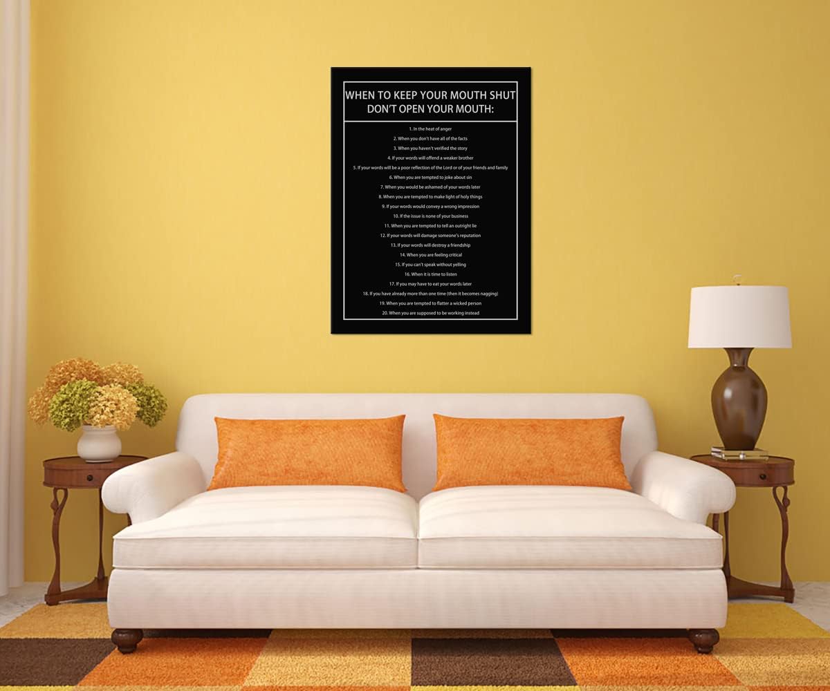 When to Keep Your Mouth Shut Don't Open Your Mouth Inspirational Canvas Wall Art Motivational Poster Life Learning Quote Picture Home Office Decor Painting Framed and Stretched[30''W x 40''H]
