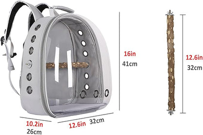 Bird Carrier Backpack with Wood Perch, Transparent Bird Travel Cage, Portable Pet Carrier Backpack, Breathable Hangbag for Vet Transport Camping Hiking (Grey)