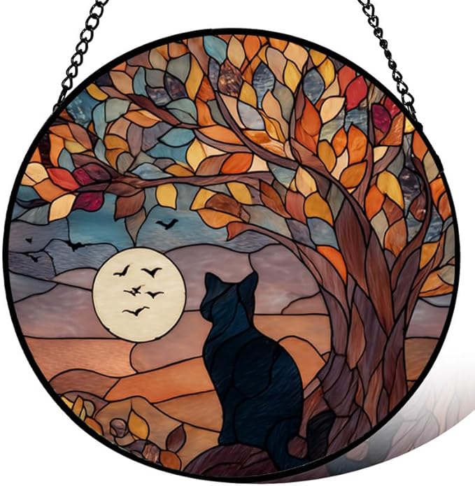 Stained Glass Window Hanging， Black Cat 11.8in Sun Catchers Indoor Window， Core Decor Inside and Outside The Cottage， Gothic Home Decor Gifts for Women， Cute Cat Lover Decor