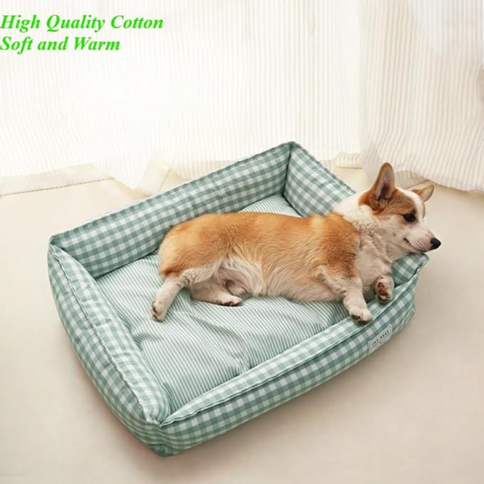 Orthopedic Rectangle Dog Bed for Medium Small Dogs, Plaid Plush Modern Puppy Sofa Bed with Anti-Slip Bottom, Cute Calming Pet Bed(Red,X-Large)