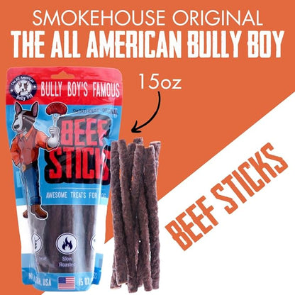 Bully Boy's Famous Beef Sticks Dog Treats | Free from Wheat, Corn, Soy, or Gluten | USA Sourced Ingredients | with Smokehouse Beef | Made in Utah | 15 oz - 2 Pack