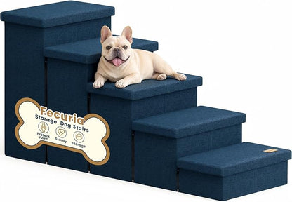 5-Step Wide Dog Stairs with Storage 23" H, Non-Slip Sturdy Pet Steps for High Bed Couch Window, Pet Stairs for Small/Medium/Large Old Dogs Cats Up to 220lbs, Cat Dog Steps for Car/SUV, Navy