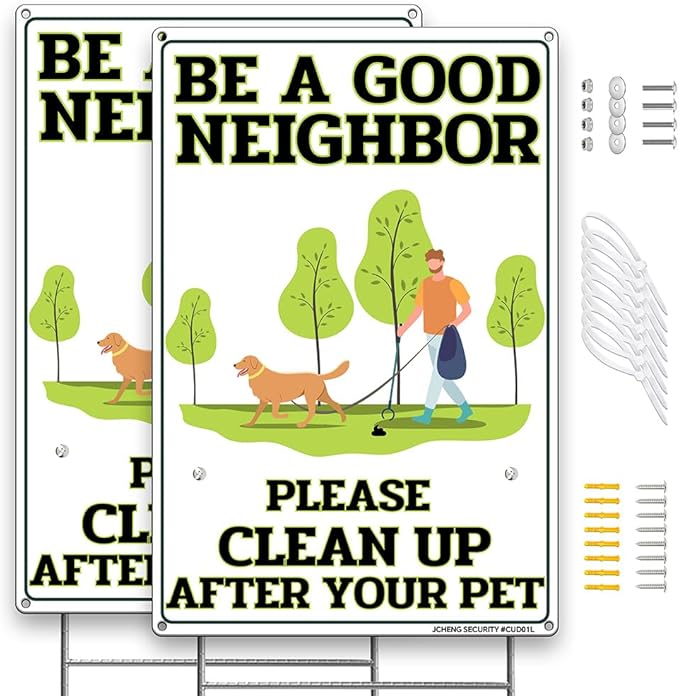 Clean Up After Your Pet Aluminum Signs 2 Pack 12x8 Inch No Pooping Dog Signs with Metal Stake and Mounting Hardware for Yard