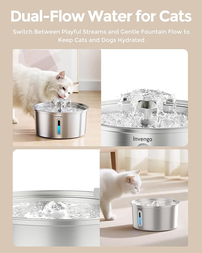 Cat Water Fountain Stainless Steel 3.2L/108oz, Invengo Automatic Pet Fountain for Cats & Dogs, Ultra Quiet <25 dB Pump, Includes 6 Replacement Filters & Sponges, LED Water Level Window, Easy to Clean