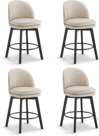 Counter Height Barstools 26 inch Upholstered Swivel Bar Stools with Back and Wood Legs for Kitchen Island,Set of 4,Beige PU Leather-Armless