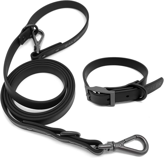ZALER Dog Collar and Leash Set, Waterproof Adjustable Odor Proof Pet Collars Leashes Easy to Clean, 6FT Dog Leash with 2 Hooks for Large, Medium Small Dogs (XL, Black)