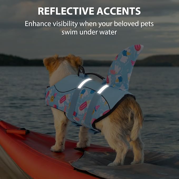 Shark Dog Life Vest - High Buoyant Jacket, Ripstop Flotation Swimsuit for Small, Medium, Large Dogs (Blue Ice Cream, L)