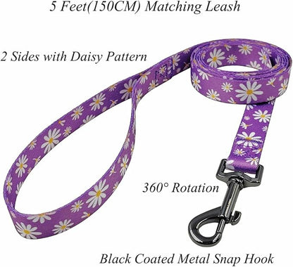 Dog Collar Leash Set, Floral Pattern, Polyester Material, Adjustable Collar and 5ft Matching Leash, for Large Dogs.(L, Purple Daisy)