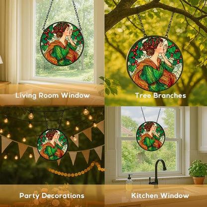 6.3in Stained Glass Window Hanging， Art Nouveau Woman with Holly Sun Catchers Indoor Window， Core Decor Inside and Outside The Cottage，Gifts for Women