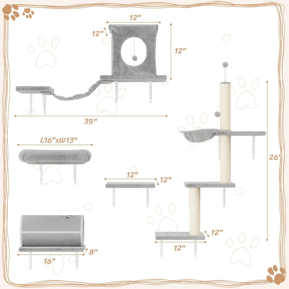 NUNU LAB Cat Wall Shelves Set, 7 Pcs Wall-Mounted Cat Climber with Cat House, Tunnel, Bridge, Scratching Post, Hammock, Wall Shelves, Gray