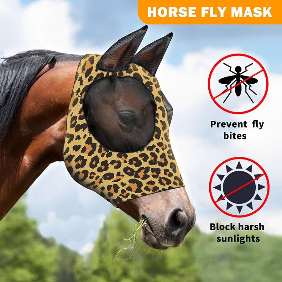 Horse Fly Mask with Ears - Comfort Fit, Durable & Breathable, Easy to on/Off | UV Protection, Large Eye Space, Stretchy Leopard Print (2pcs Medium, Tangle-Free)