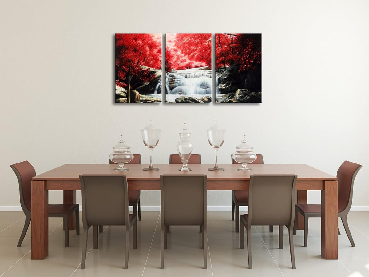 Wieco Art 3 Piece Red Forest Waterfalls Canvas Prints Wall Art for Living Bedroom Room Home Decorations Modern Gallery Wrapped Landscape Tree Oil Paintings Reproduction Pictures Artwork