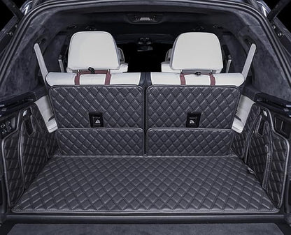 for BMW X7 X7 2+2+2 Seater Trunk Mat Cargo Cover Dog Liner Boot Liner Full Coverage Leather 3D Laser Measured (Trunk Mat+3rd Row Backrest Mat+Both Sides Panel) (Black with Black Stitching