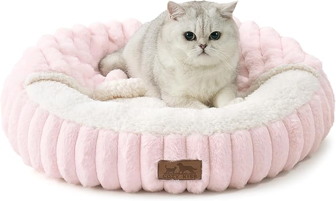 Cat Bed with Hooded Blanket, Round Fluffy Anti-Anxiety Pet Bed for Cats/Small Dogs, Cozy Donut Cuddler with Machine Washable Faux Fur & Anti-Slip Bottom(23"×23"×6",Pink)