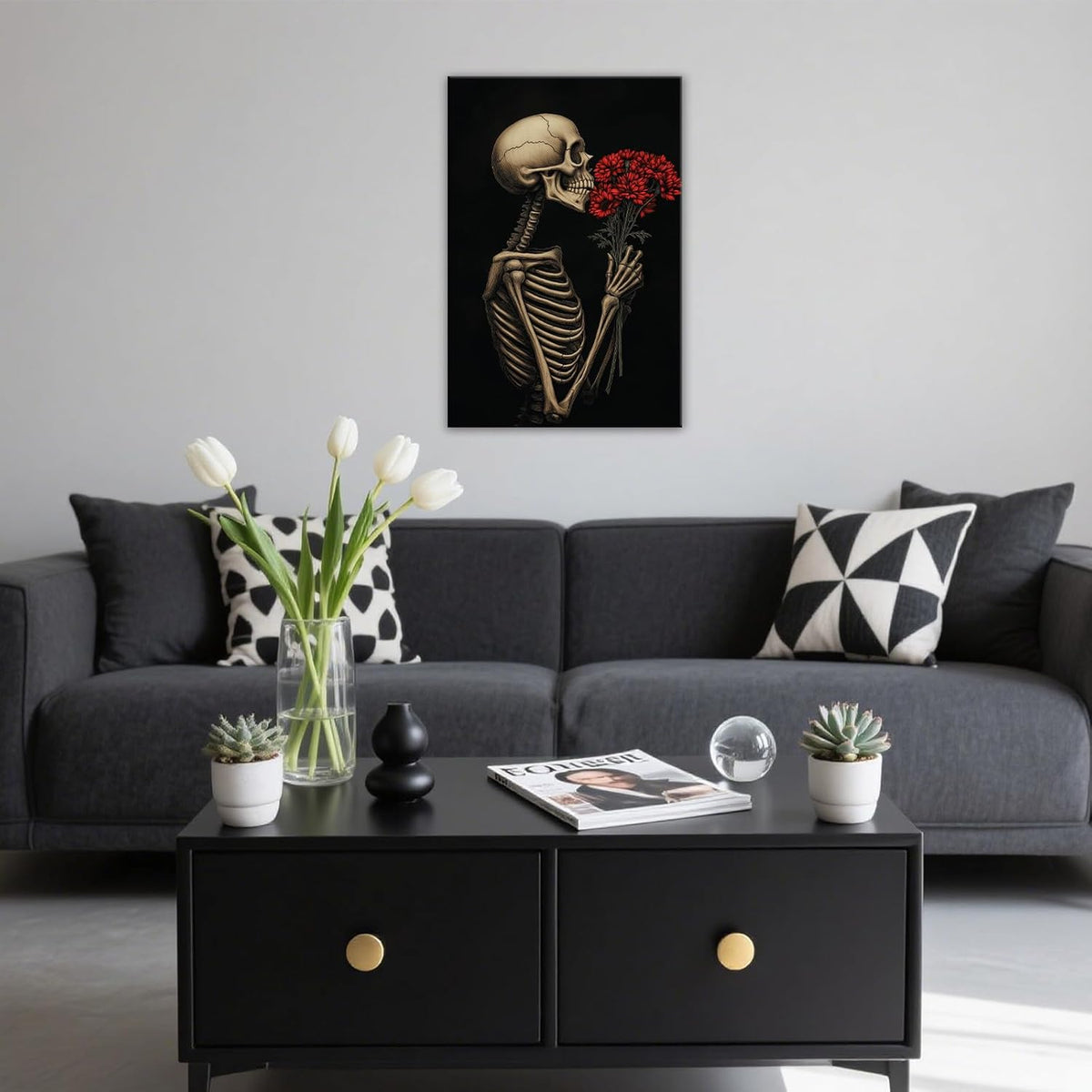 OAAPITI Red Rose Skull Wall Art Dark Themed Skeleton Painting Modern Artwork for Gothic Home Decor(Artwork-5,12"x18")