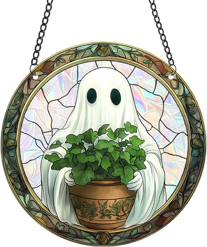 Halloween Sun Catcher - 8 Inch Round Suncatcher for Window Hanging Decoration - Creates Indoor Rainbows Light Refraction - Spooky Ghost, Witch, Pumpkin Design - Suction Cup Hook & Chain