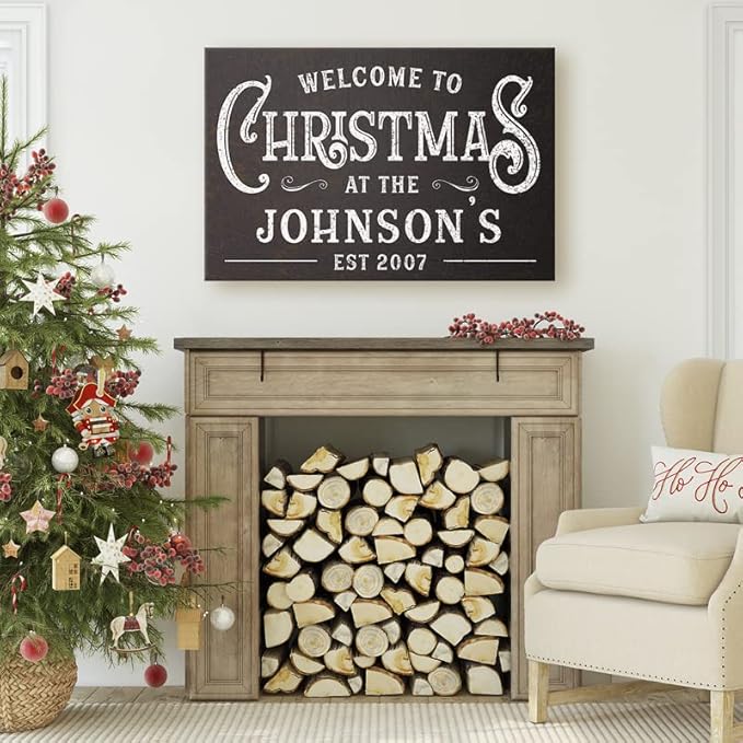 Milweb1 Personalized Family Name Welcome To Christmas/Rustic Vintage Farmhouse Holiday Decor Canvas Sign Holiday Decorations Wall Decor Print (18"x24")