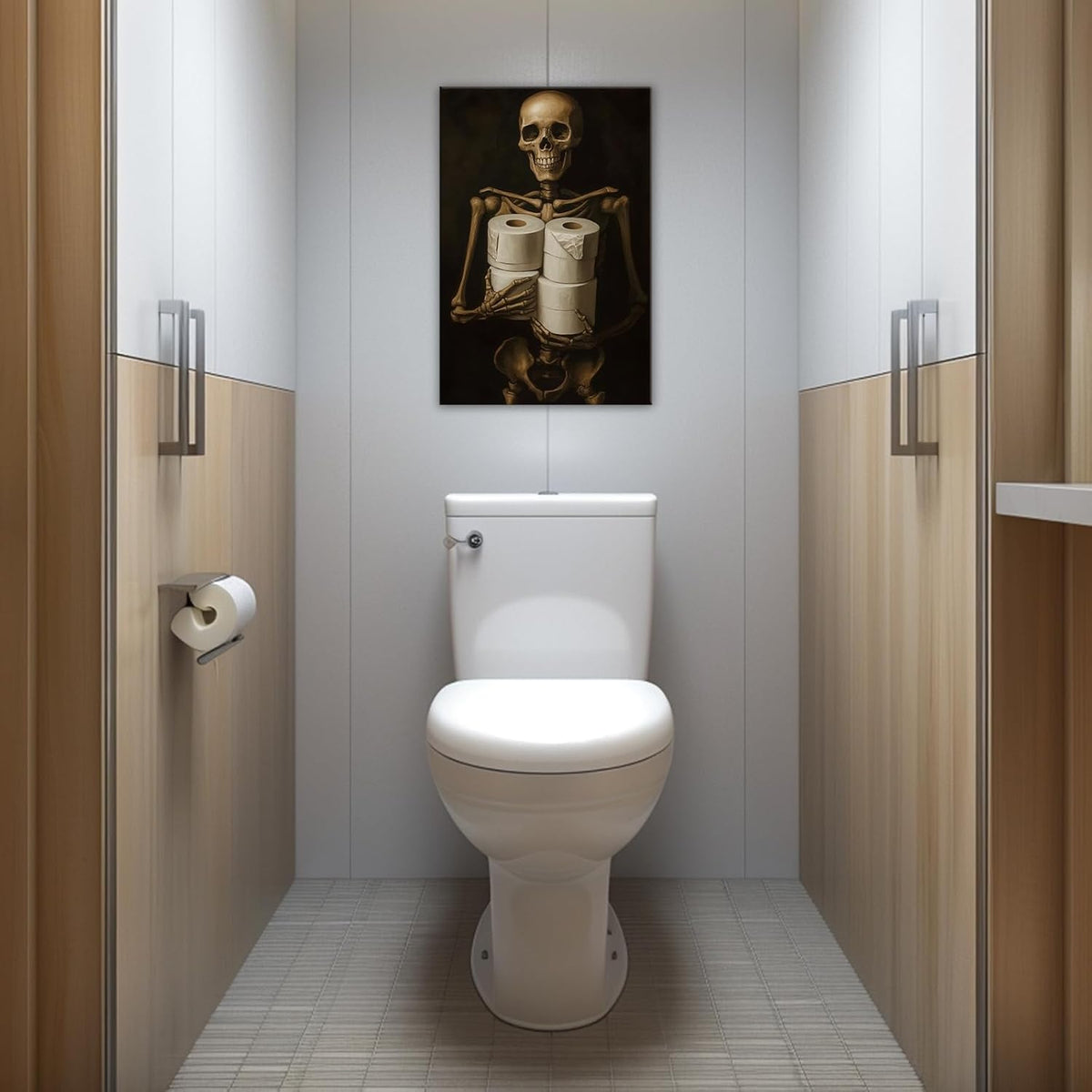 Gothic Skull Wall Art Funny Skeleton with Toilet Paper Canvas Print Vintage Skull Painting Framed Artwork for Living Room Home Halloween Wall Decor(Artwork-8,20"x30")