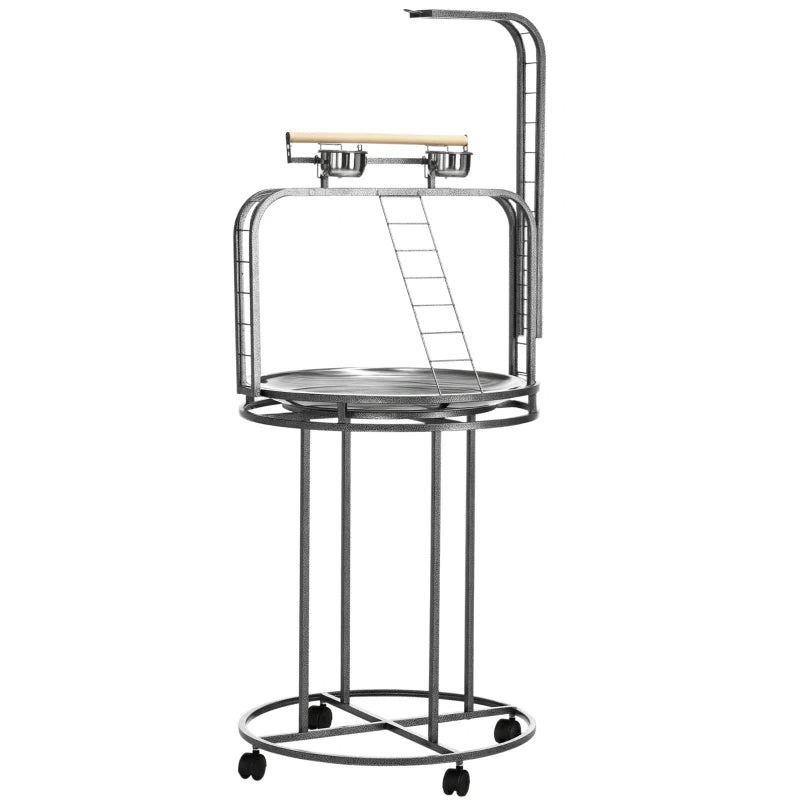 PawHut Parrot Stand Large Bird Perch Stand With Toy Hook  3 Ladders, Parrot Perch, Bird Wooden Stand, Gray