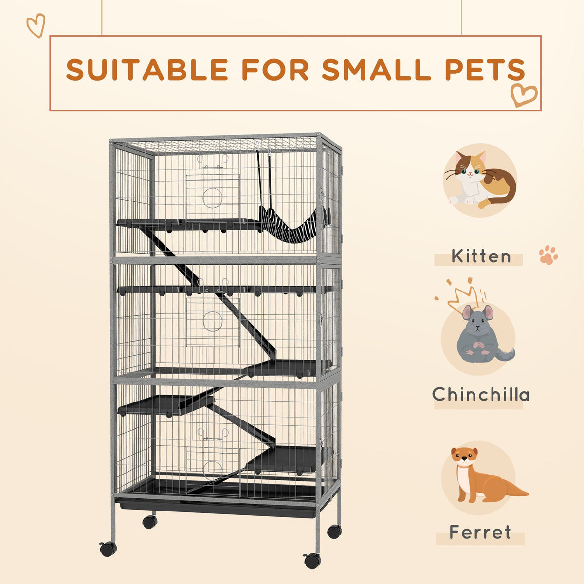 63" H Rolling Small Animal Cage with Hammock, Ferret Cage, Chinchilla Cage, Pet Habitat with 6 Doors, Removable Tray