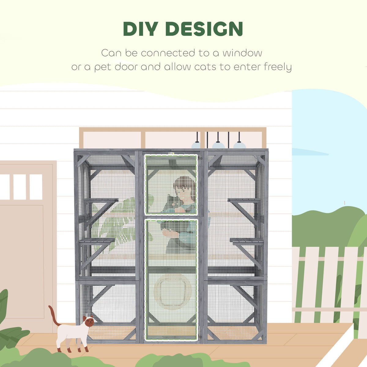 Large Wooden Catio Outdoor With 6 Jumping Platforms, Weatherproof Roof, For 1-3 Cats, 59 X 28 X 60, Gray