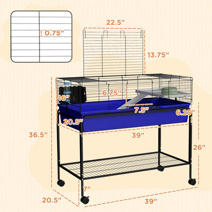 Two-Story Small Animal Cage Removable from Stand, Pet Habitat with Shelf & Wheels, 39" x 20.5" x 36.5", Blue