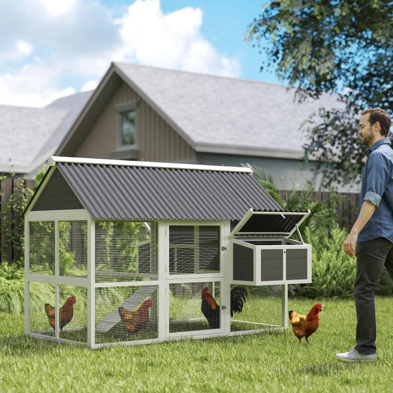 Wooden Chicken Coop With Run, 2 Nesting Boxes, 2 Roosting Bars, Ramp & Tray, Poultry Cage For 6-8 Chickens, Gray Multiple Packages