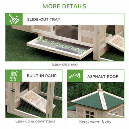 Wooden Chicken Coop With Nesting Box, Cute Outdoor Hen House With Removable Tray, Ramp Run, For Garden Backyard, Natural
