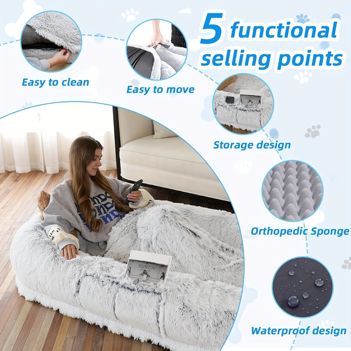 Oversized Human Dog Bed For Adults & Pets, 71 In X45 In X 12 In Ultra Soft Faux Fur Lounger, Washable Floor Bed With Orthopedic Support, Pillow & Blanket Included For Cozy Rest