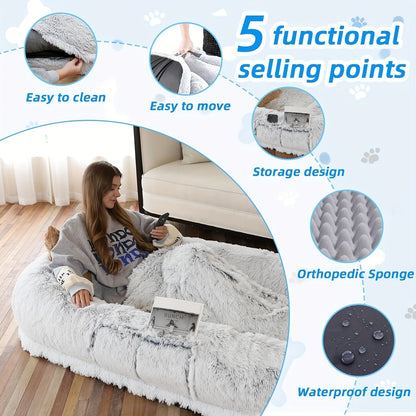 Oversized Human Dog Bed For Adults & Pets, 71 In X45 In X 12 In Ultra Soft Faux Fur Lounger, Washable Floor Bed With Orthopedic Support, Pillow & Blanket Included For Cozy Rest