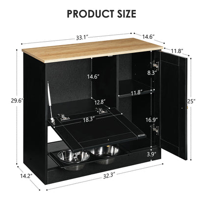 Feeding station with 2 lockers, pet feeding station with 2 elevated dog bowls, side hooks, anti-tipping kit, hidden pet feeding station for feeding and watering, rattan door, black