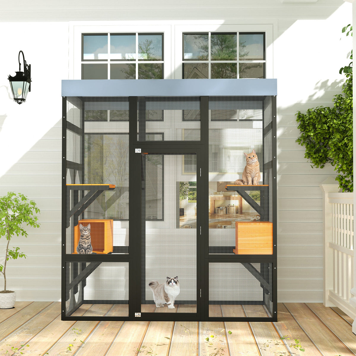 Large Outdoor Cat Enclosure Catio with 5 Platforms & 2 Napping Houses, Secure Metal Wire, Easy Assembly for Indoor & Outdoor Use