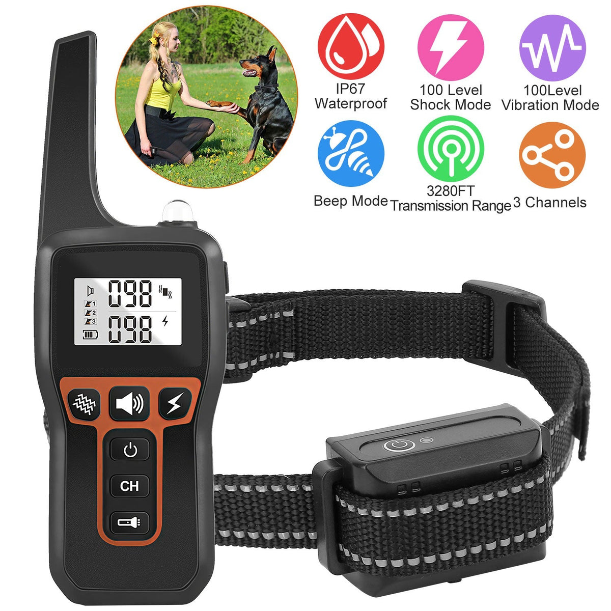 Train Collar OR Receiver Only Options - 3280FT Dog Training Collar IP67 Waterproof Pet Beep Vibration Electric Shock Collar 3 Channels Rechargeable Transmitter Receiver Trainer With Flashlight