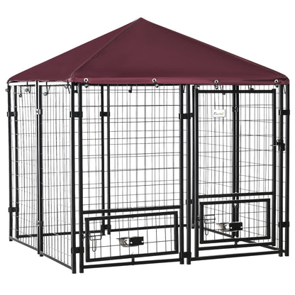 Outdoor Dog Kennel with Rotating Bowl Holders, Pet Playpen with Waterproof Cover, 4.6 x 4.6 x 5, Red