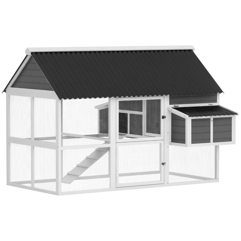 Wooden Chicken Coop With Run, 2 Nesting Boxes, 2 Roosting Bars, Ramp & Tray, Poultry Cage For 6-8 Chickens, Gray Multiple Packages