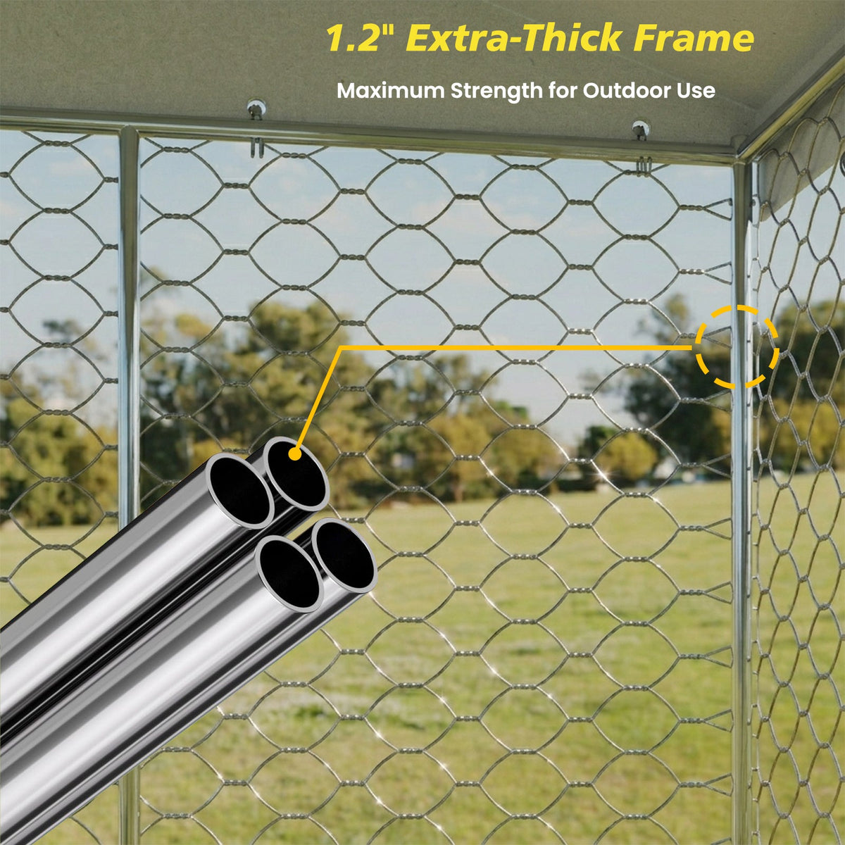 15x10 FT Large Outdoor Dog Kennel with Canopy, Heavy Duty Galvanized Steel Frame, Waterproof Cover, Built-in Elevated Feeding Bowls, Escape-Proof Lockable Pet Playpen for Large Dogs & Multiple Animal