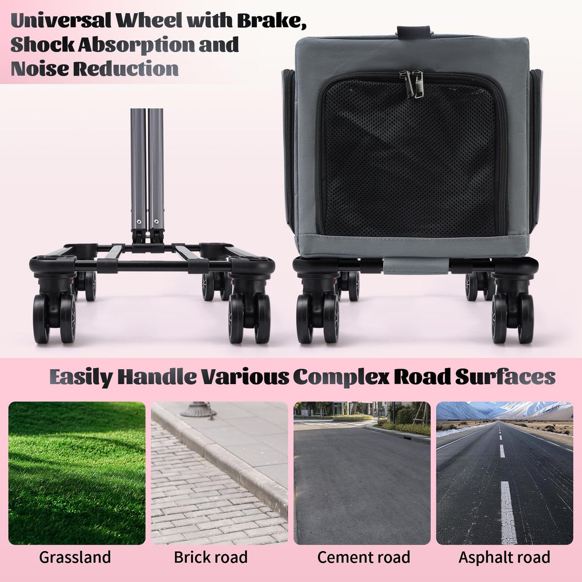 3-Sided Expandable Rolling Pet Carrier With Wheels, Small Cat Dog Travel Carrier, Foldable Portable Bag Grey  For Travel Camping Vet Outdoor Indoor Use