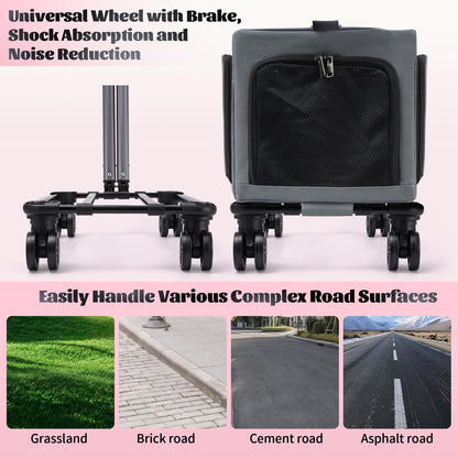 3-Sided Expandable Rolling Pet Carrier With Wheels, Small Cat Dog Travel Carrier, Foldable Portable Bag Grey  For Travel Camping Vet Outdoor Indoor Use