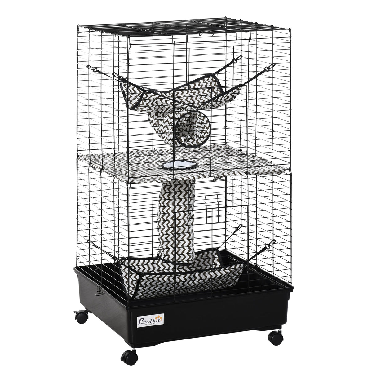 42" Ferret Cage, Small Animal Habitat Metal Pet Cage with Wheels Brakes, Hammocks, Hanging Tunnels, and 3 Doors, Black